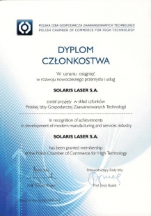 Dyplom Członkostwa Polskiej Izby Gospodarczej Zaawansowanych Technologii